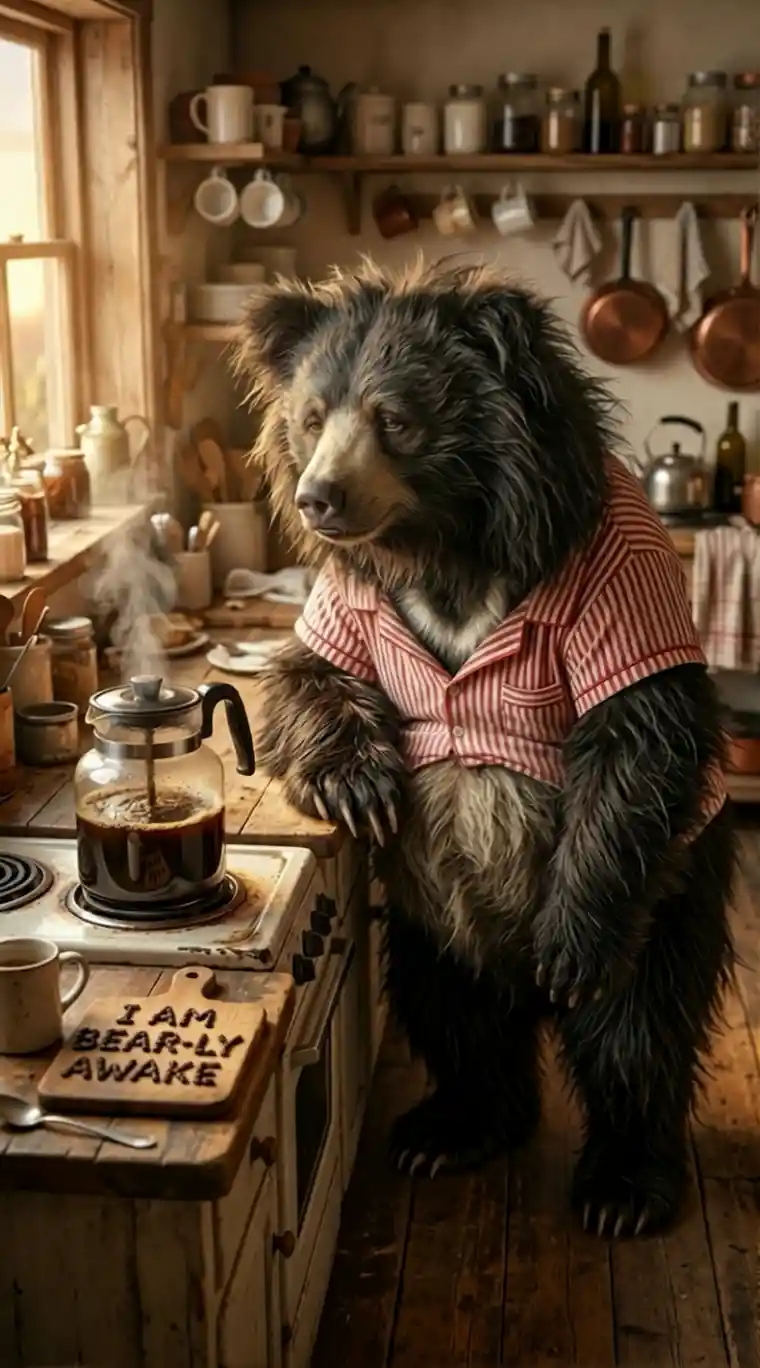 Dishevelled sloth bear in pyjamas staring at morning coffee