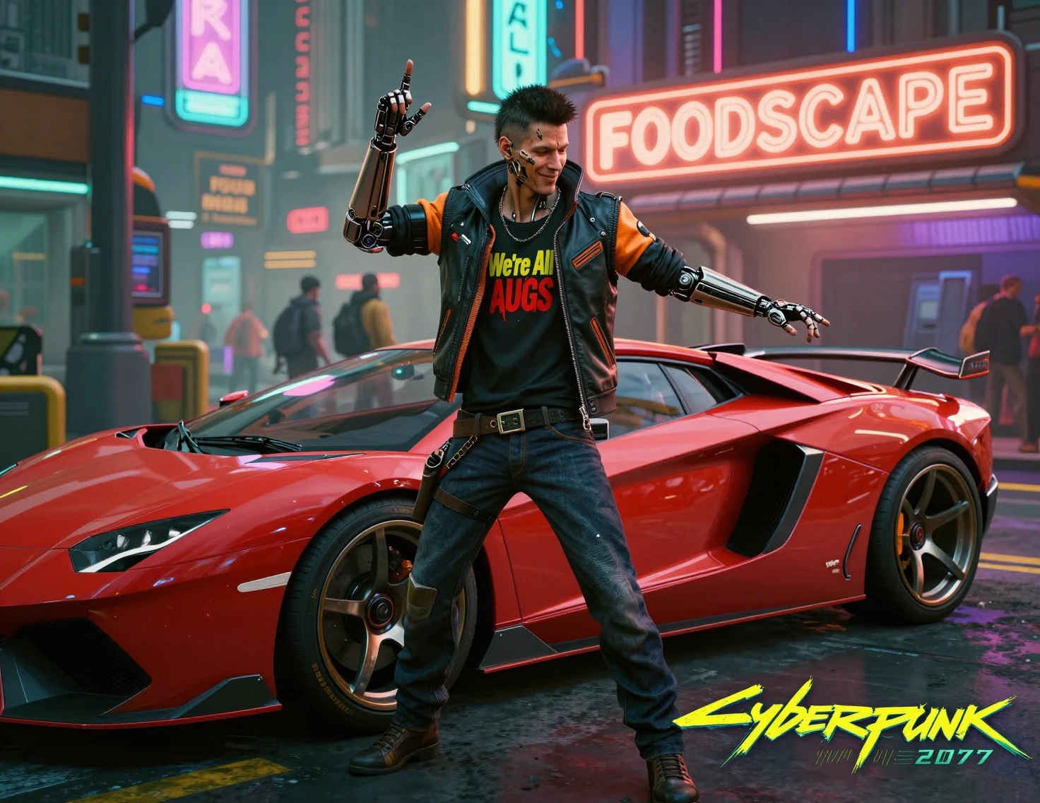 Homem cyberpunk dançando ao lado de um carro esportivo vermelho futurista