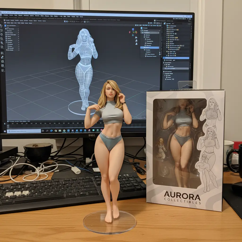 Realistische Figur auf Computertisch mit Verpackung und Bildschirm