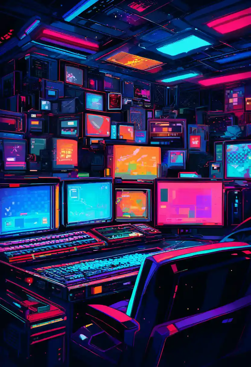 Gamer girl in pixel art in una camera da letto dall’atmosfera cupa