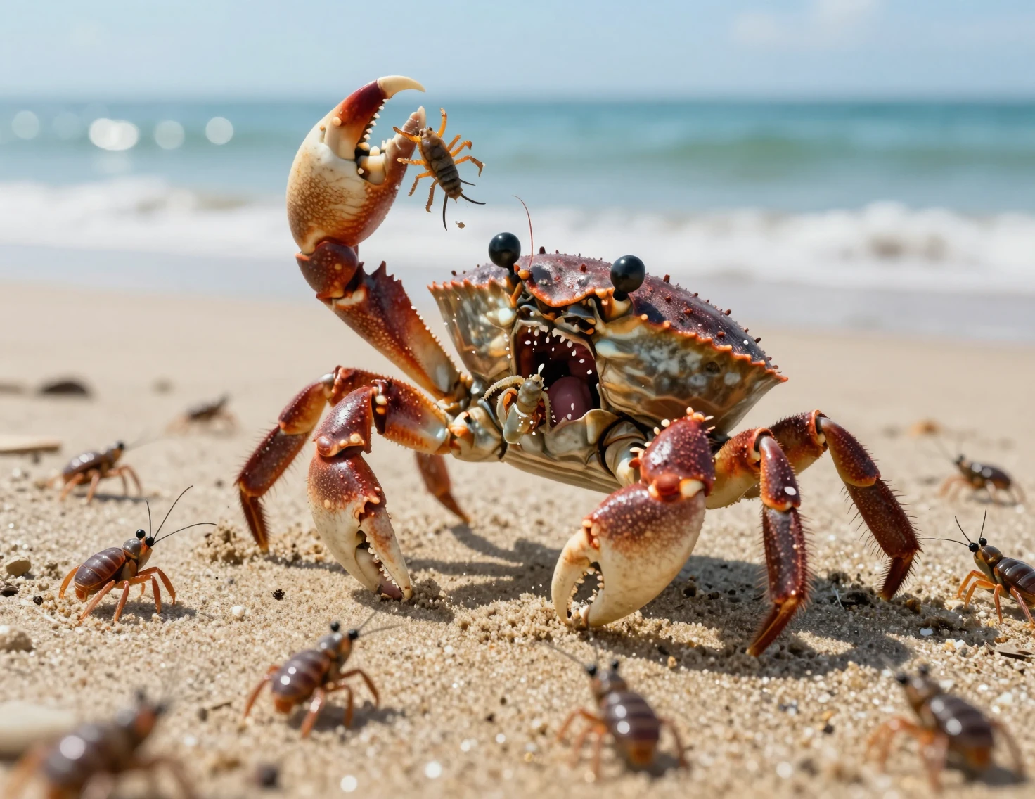 Furchterregende Krabbe, die aus dem Ozean an einen Sandstrand kriecht