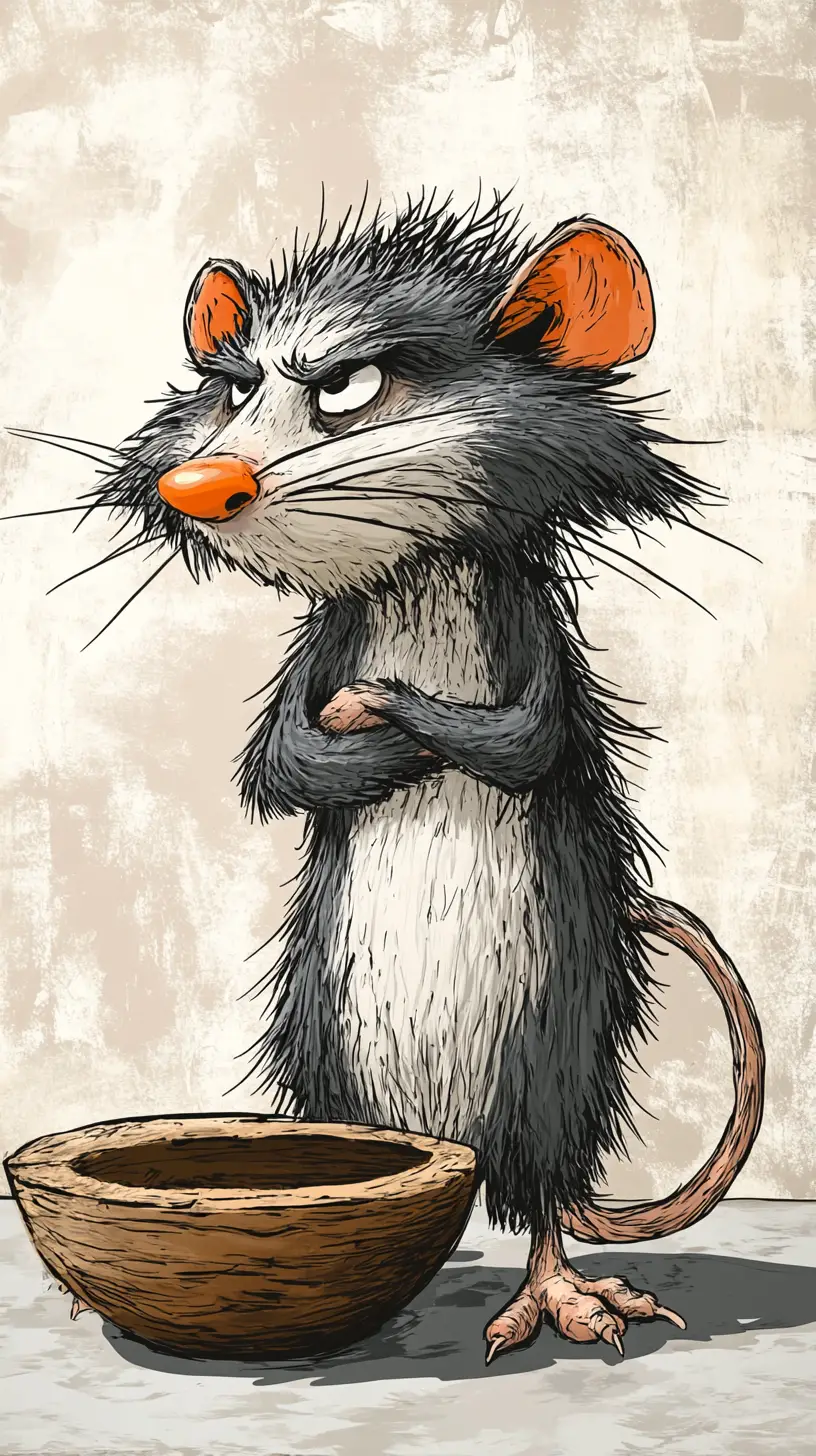 Zottige Cartoon-Ratte mit leerer Holzschüssel Illustration