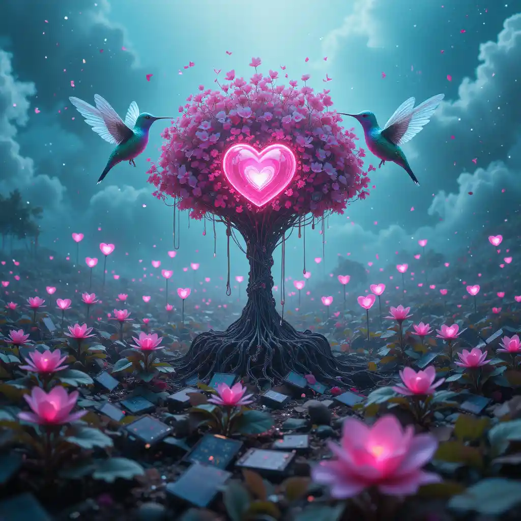 Giardino cyber surreale con albero-server e colibrì robotici