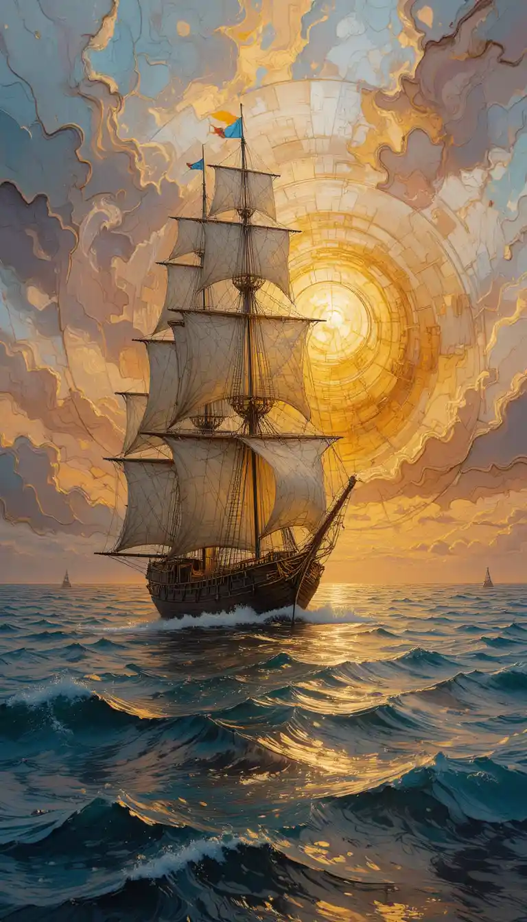 Golden sun setting on the horizon with abstract sailing scene