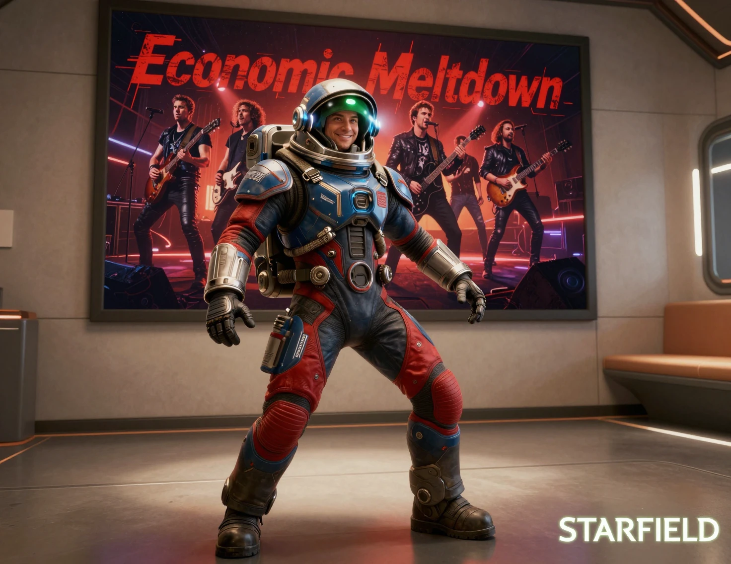Astronaut Posing Before Futuristic Rock Concert Poster