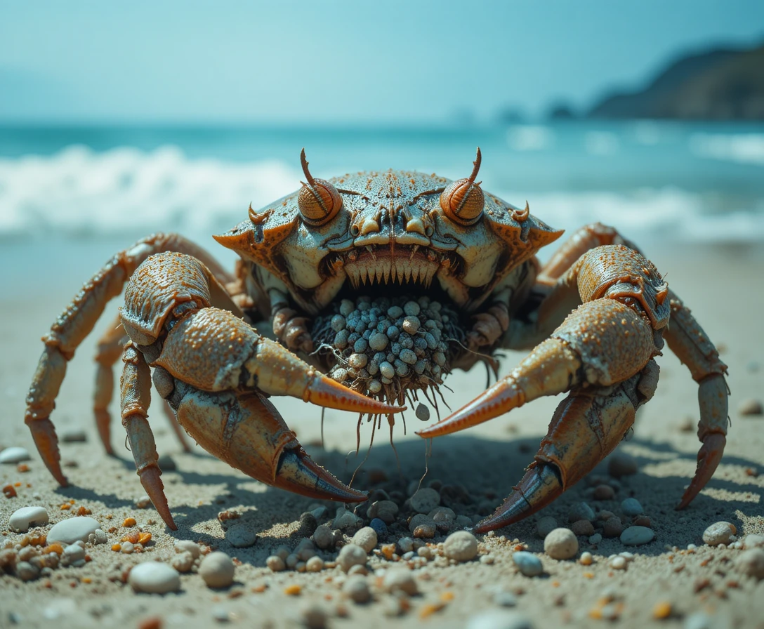 Furchterregende Krabbe, die aus dem Ozean an einen Sandstrand krabbelt
