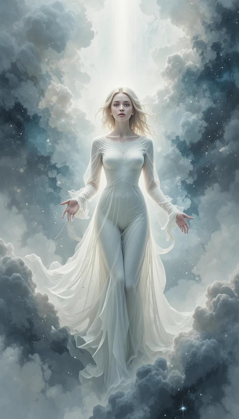 Ethereal young woman fading into luminous cosmic nebula