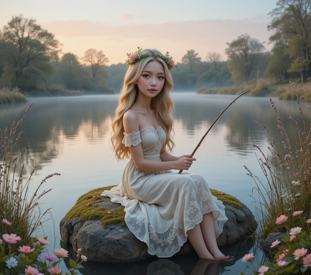 Young woman fishing by a misty sunrise lake