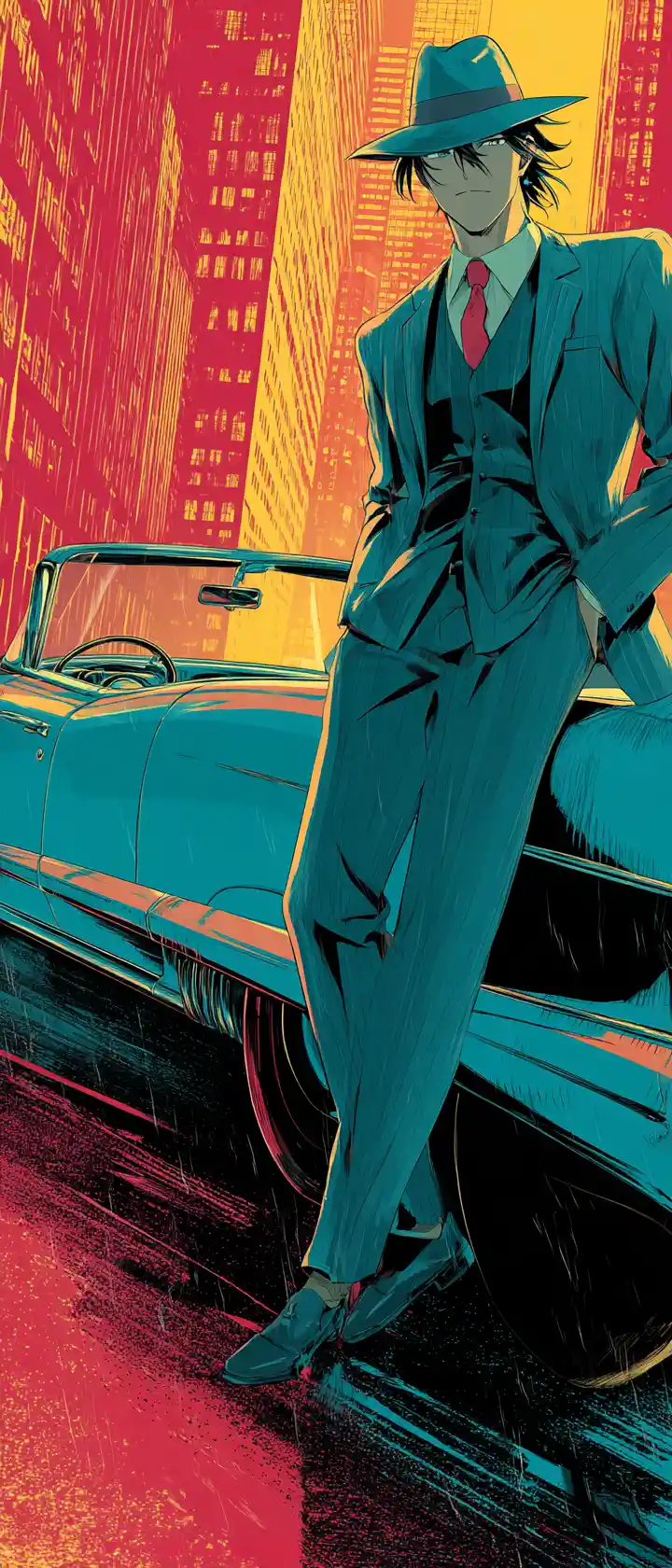 Anime businessman leaning on vintage convertible at night