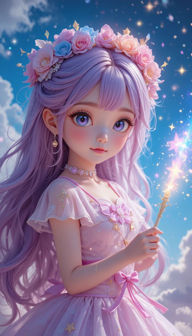 Cute magical anime girl in pastel fantasy sky