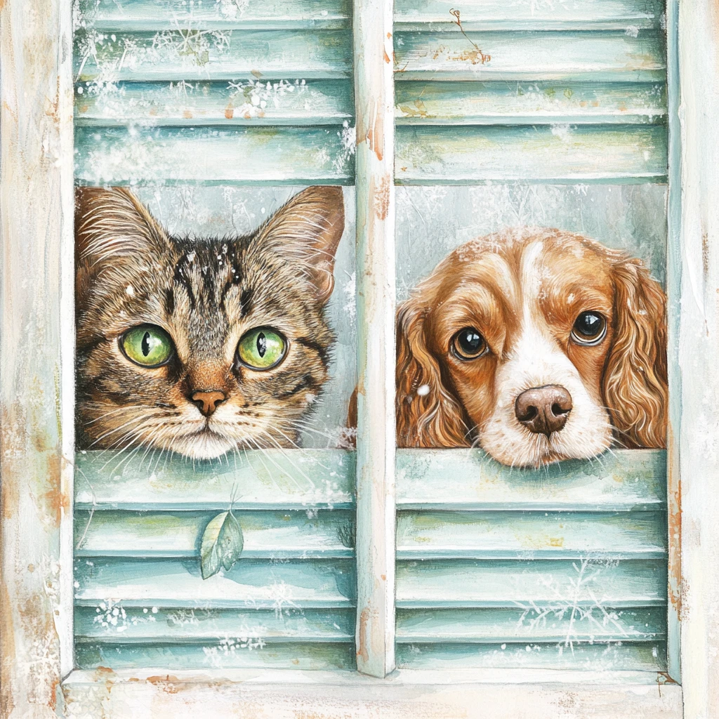 淡いグリーンのブラインド越しに外を見つめる猫と犬