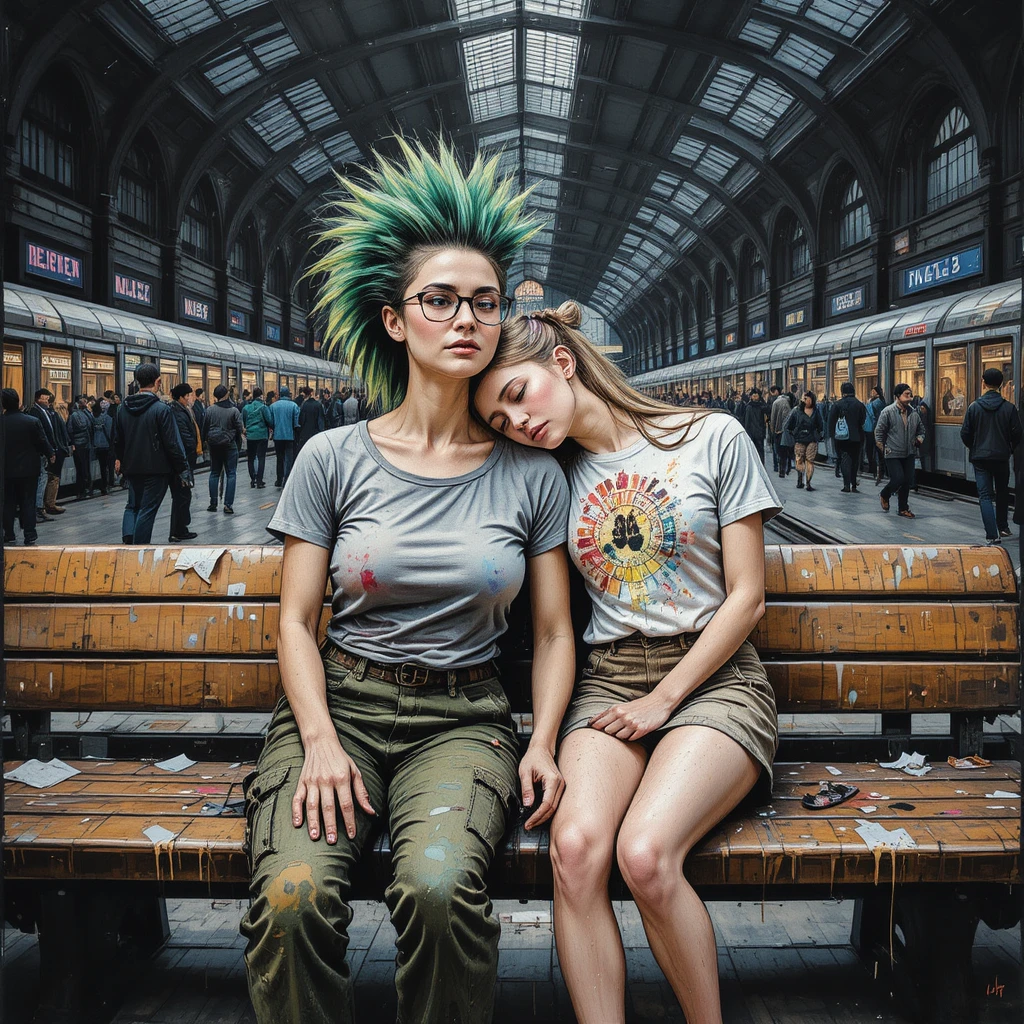 Two women resting together in a busy night train station