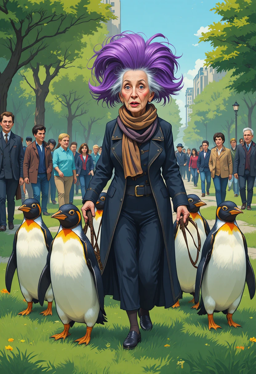 Senhora idosa excêntrica passeando pinguins em um parque urbano movimentado