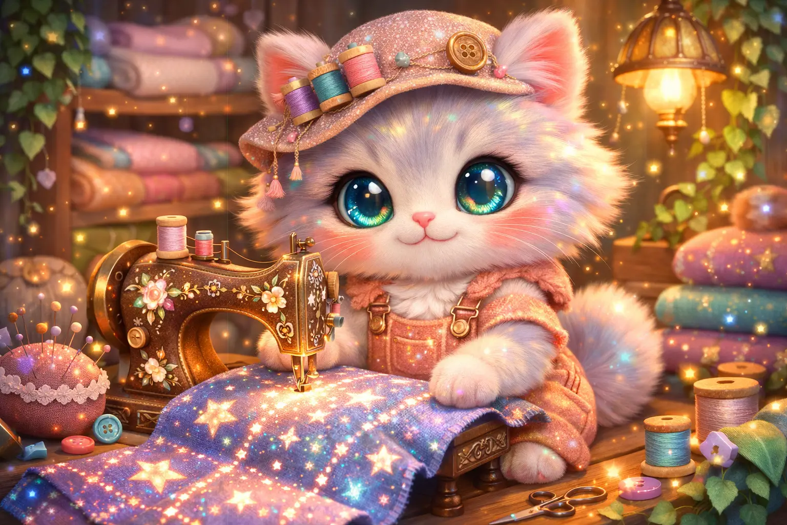 Adorable 3d kitten seamstress sewing a magical quilt