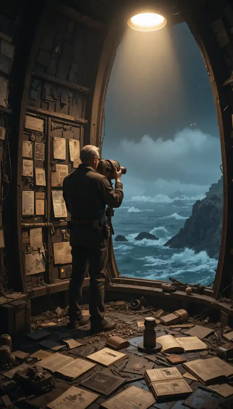 Lighthouse keeper polishing a brass telescope above stormy sea