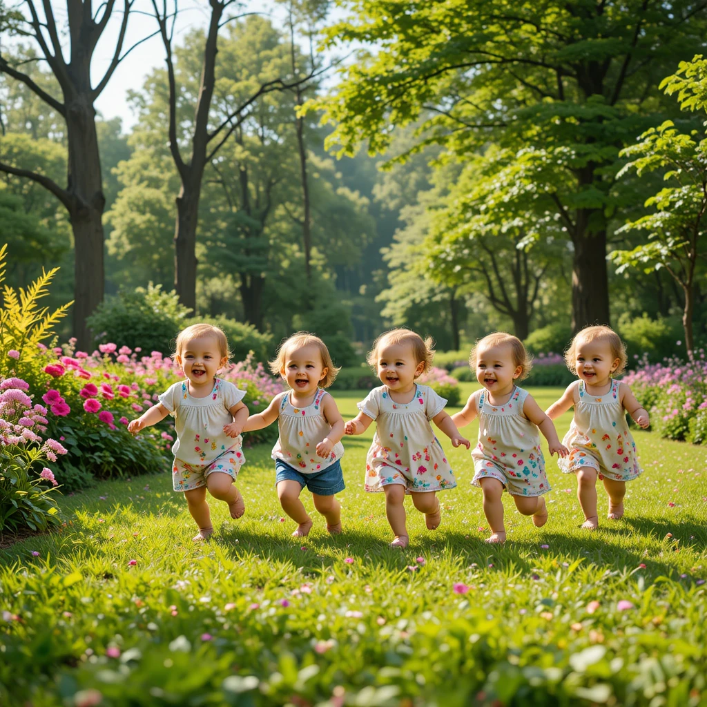 Bebês felizes brincando juntos em um parque verde ensolarado