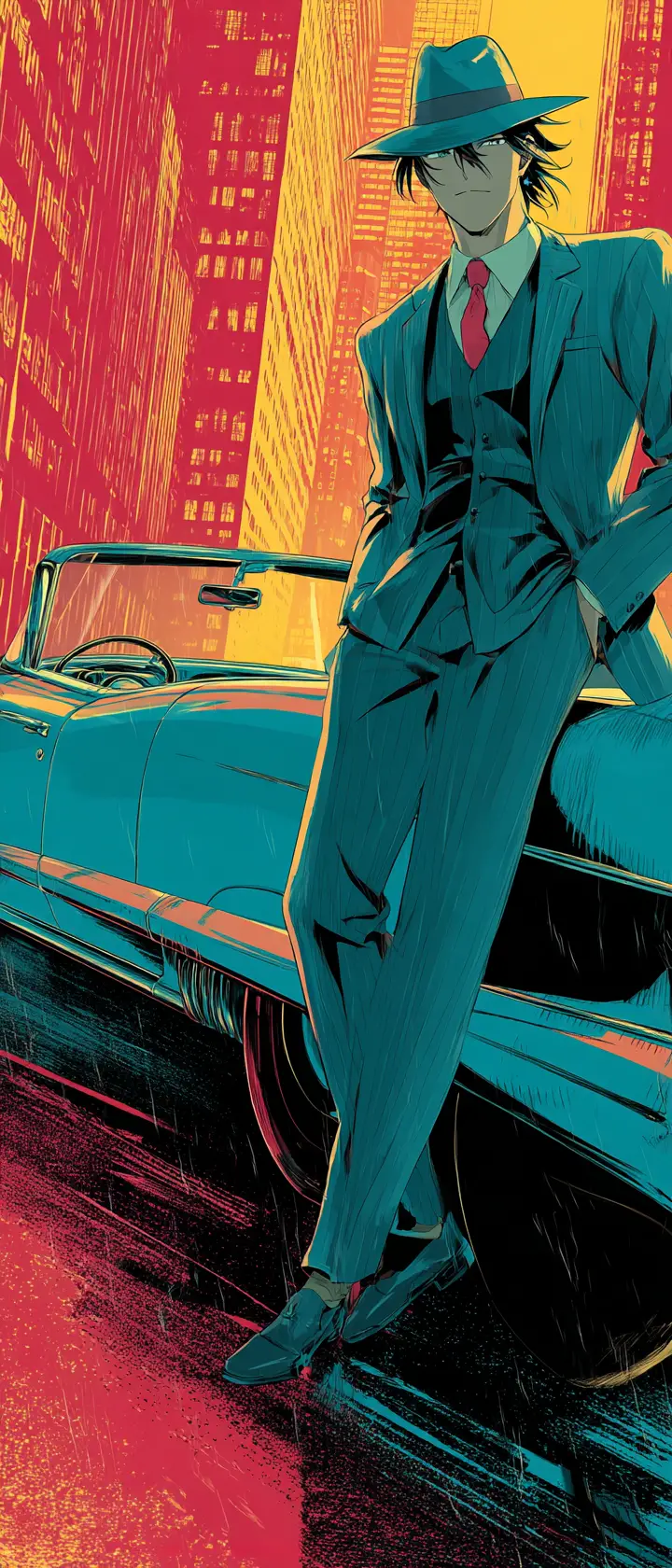 Empresário em estilo anime encostado em conversível vintage à noite