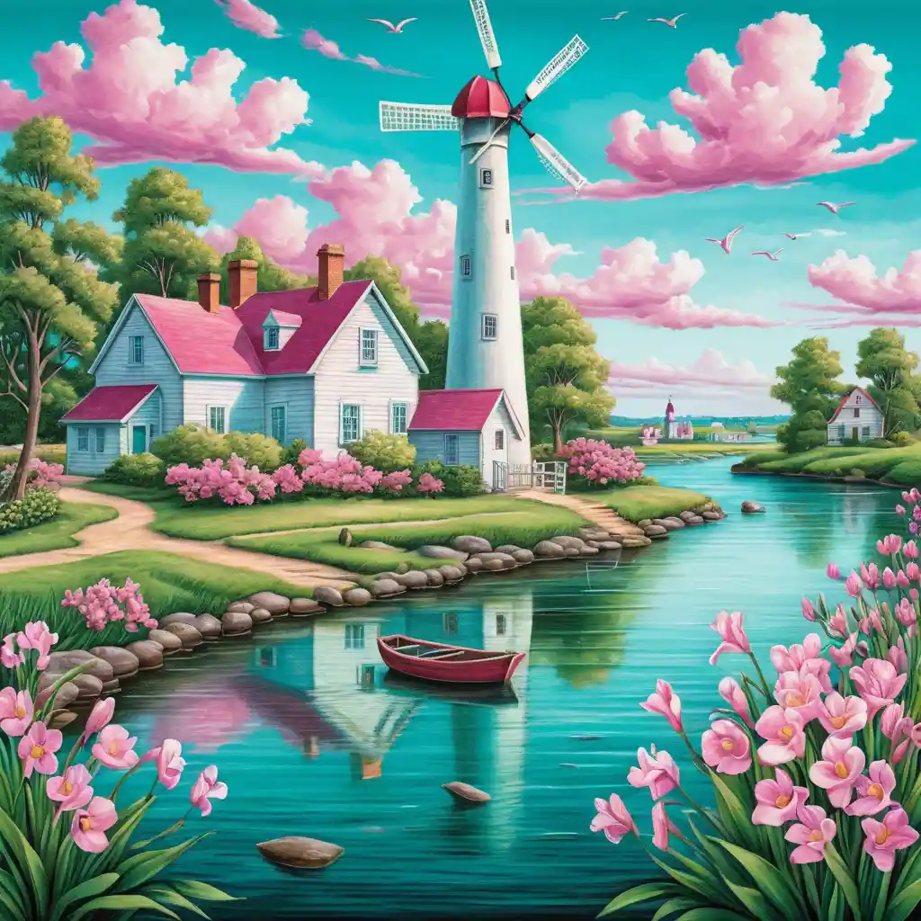 Summer riverside with lighthouse and windmills in teal tones