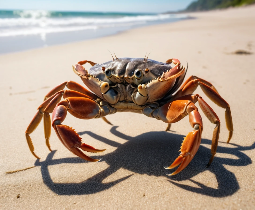 Furchterregende Krabbe, die aus dem Meer an einen Sandstrand kriecht