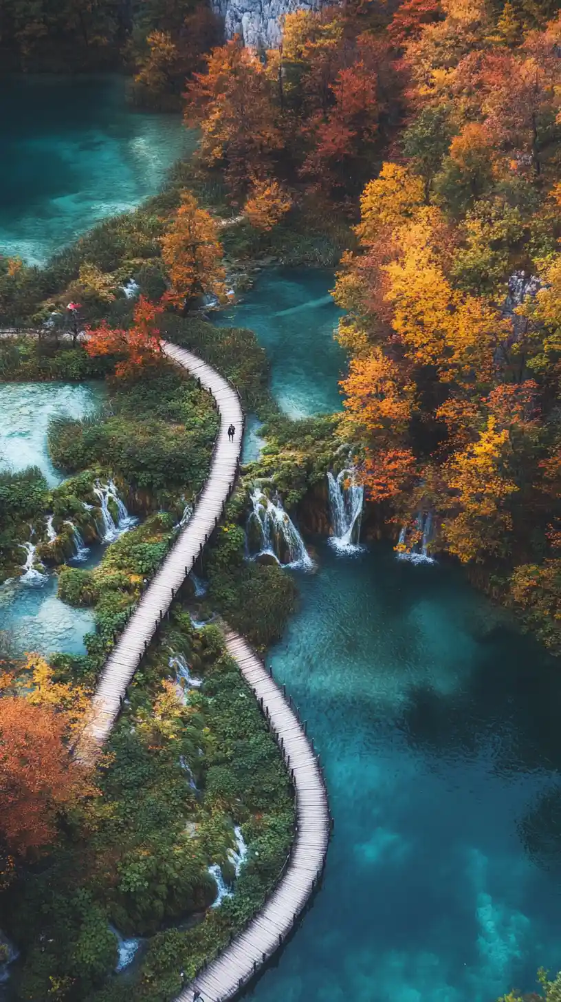 Autumn waterfalls and lakes in Plitvice from above