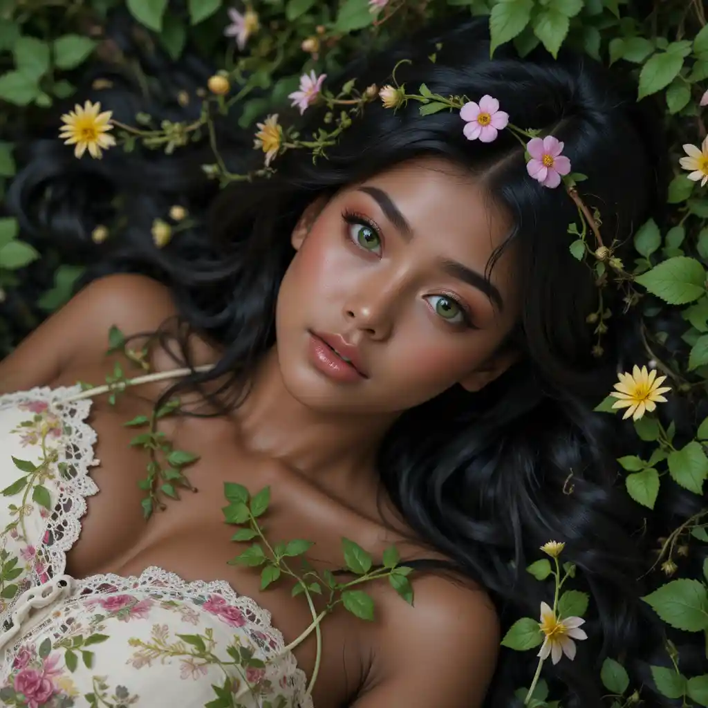 Mujer serena tumbada en un campo verde y florido