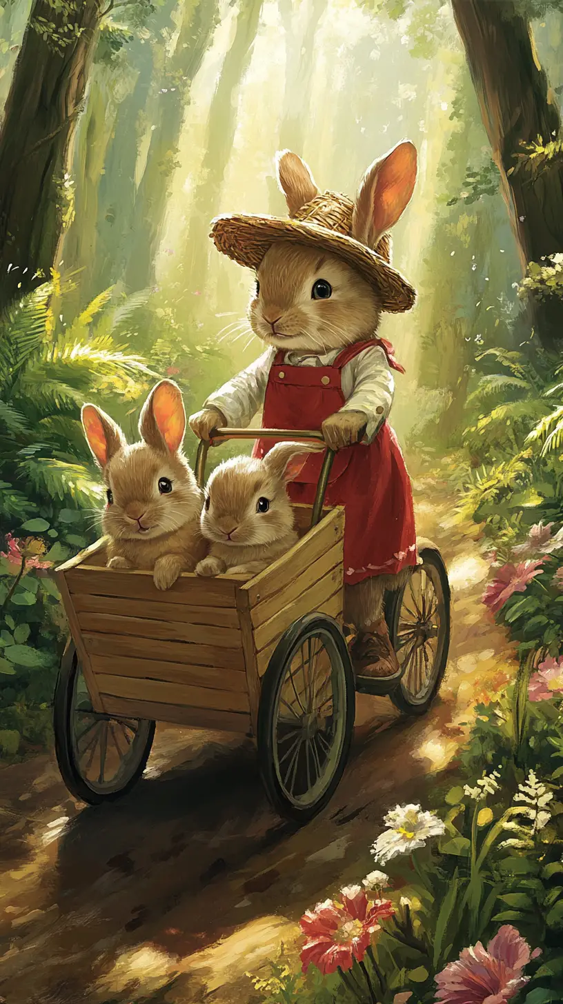 Mutterkaninchen mit Babys auf einem hölzernen Fahrrad im Wald
