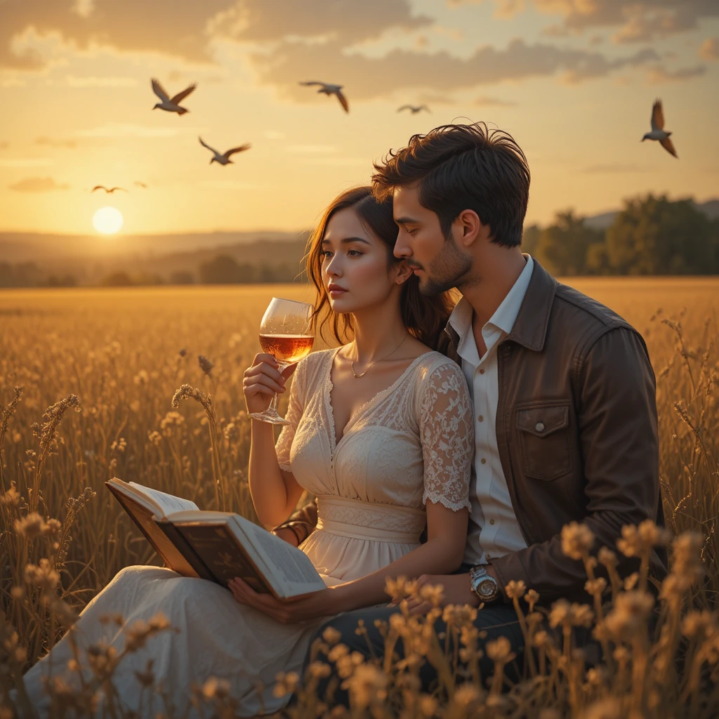 Couple romantique partageant du vin dans un champ au coucher du soleil