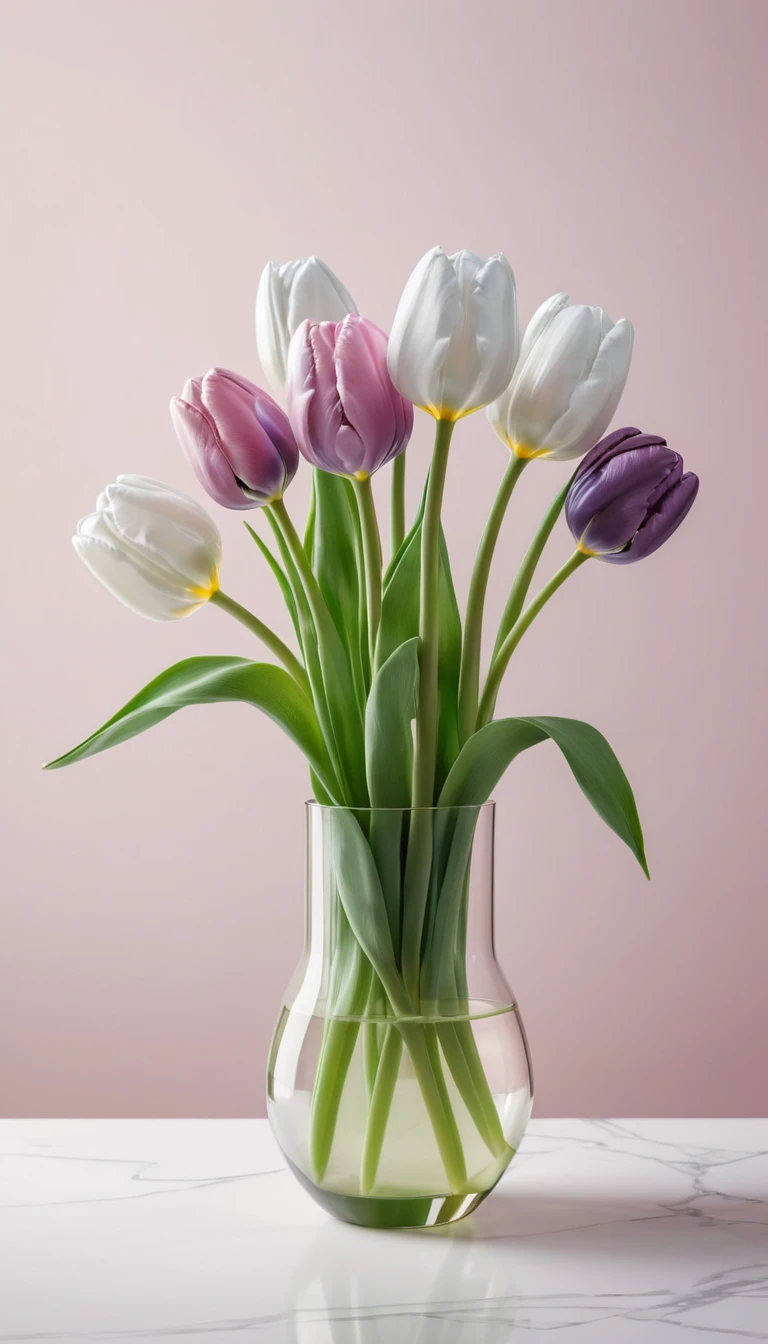 Transparente Glas-Tulpenstiele auf sanft pastelligem Hintergrund