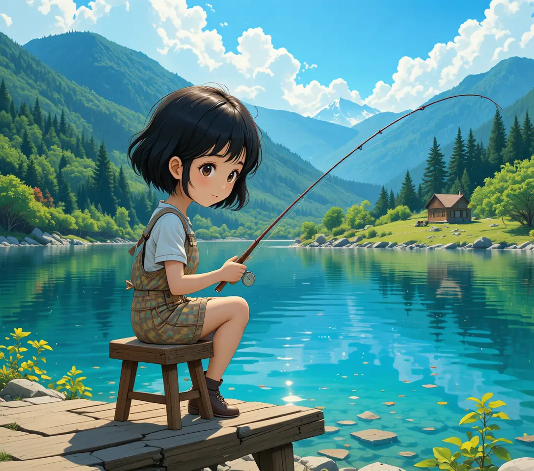 寧靜山中湖畔碼頭上釣魚的動漫少女