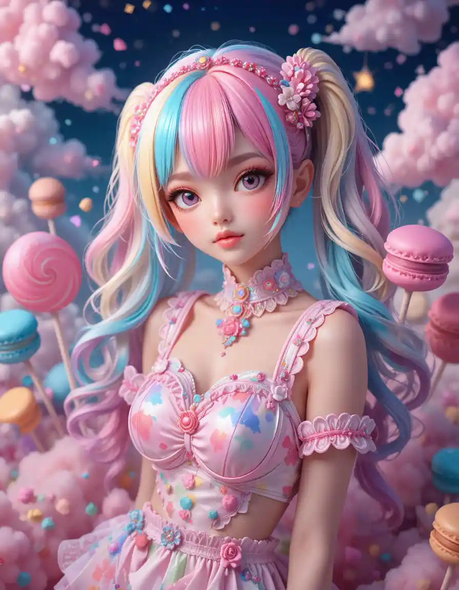 Cute anime girl in a pastel candy fantasy world