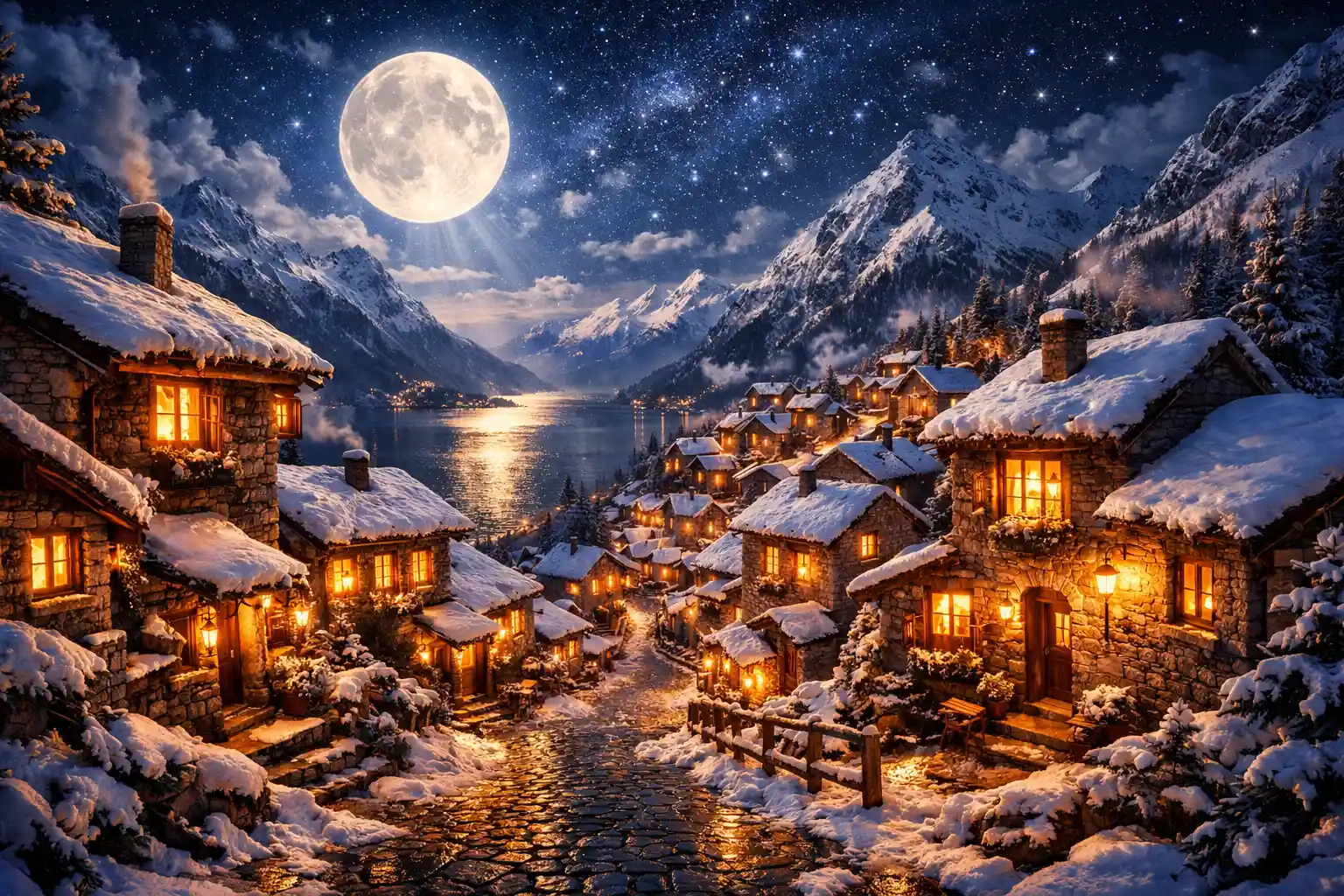 Accogliente villaggio di montagna illuminato da una luminosa luna piena