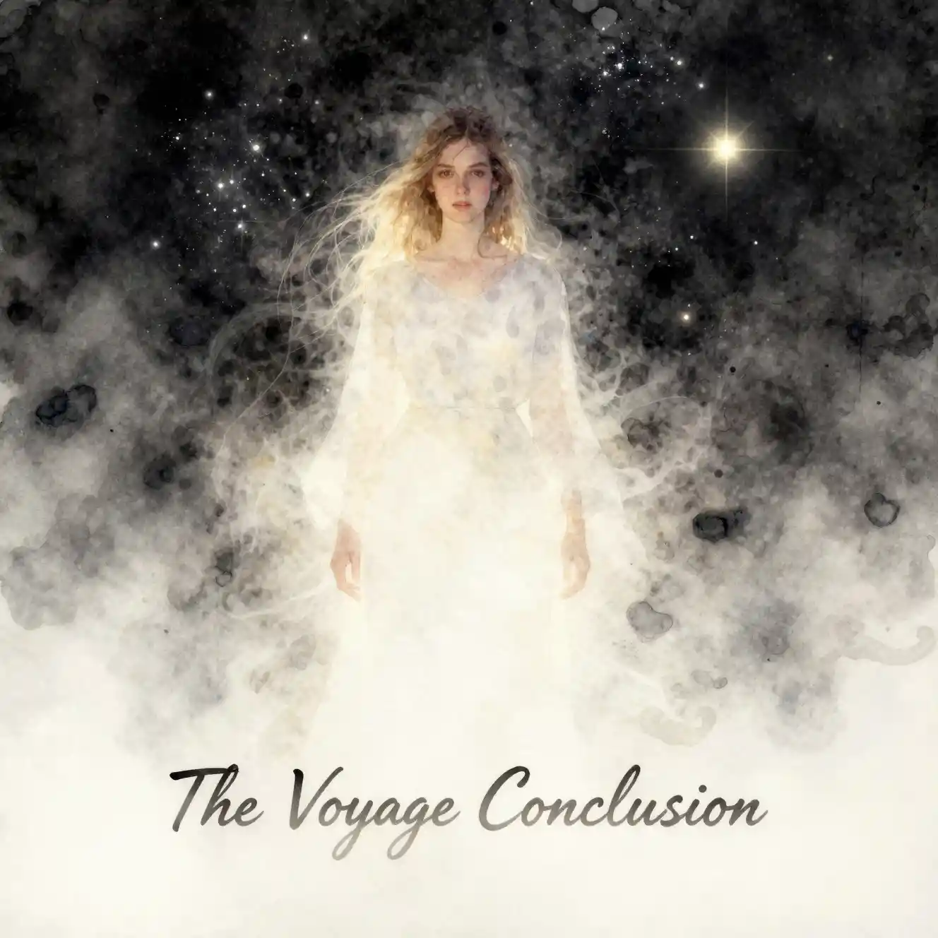 Joven disolviéndose en una luminosa nebulosa cósmica en acuarela