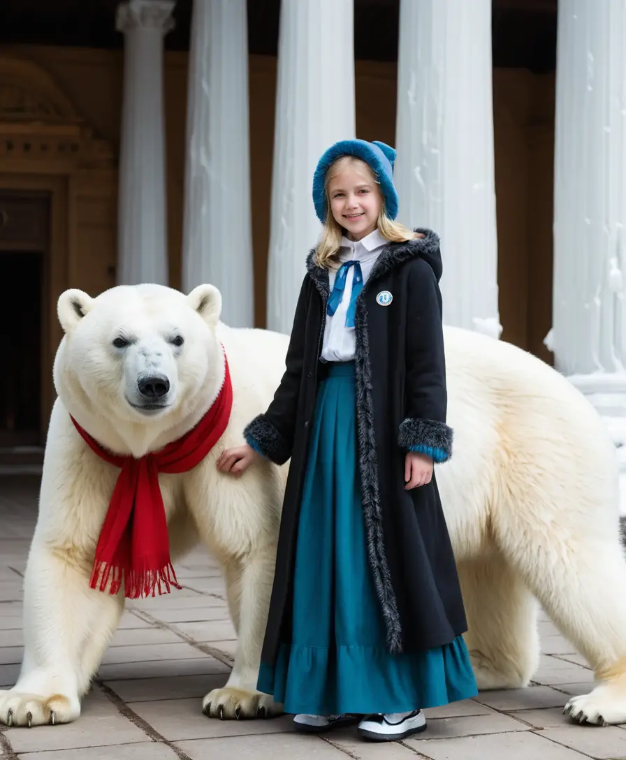 Girl In Blue Winter Outfit With Polar Bear Companion