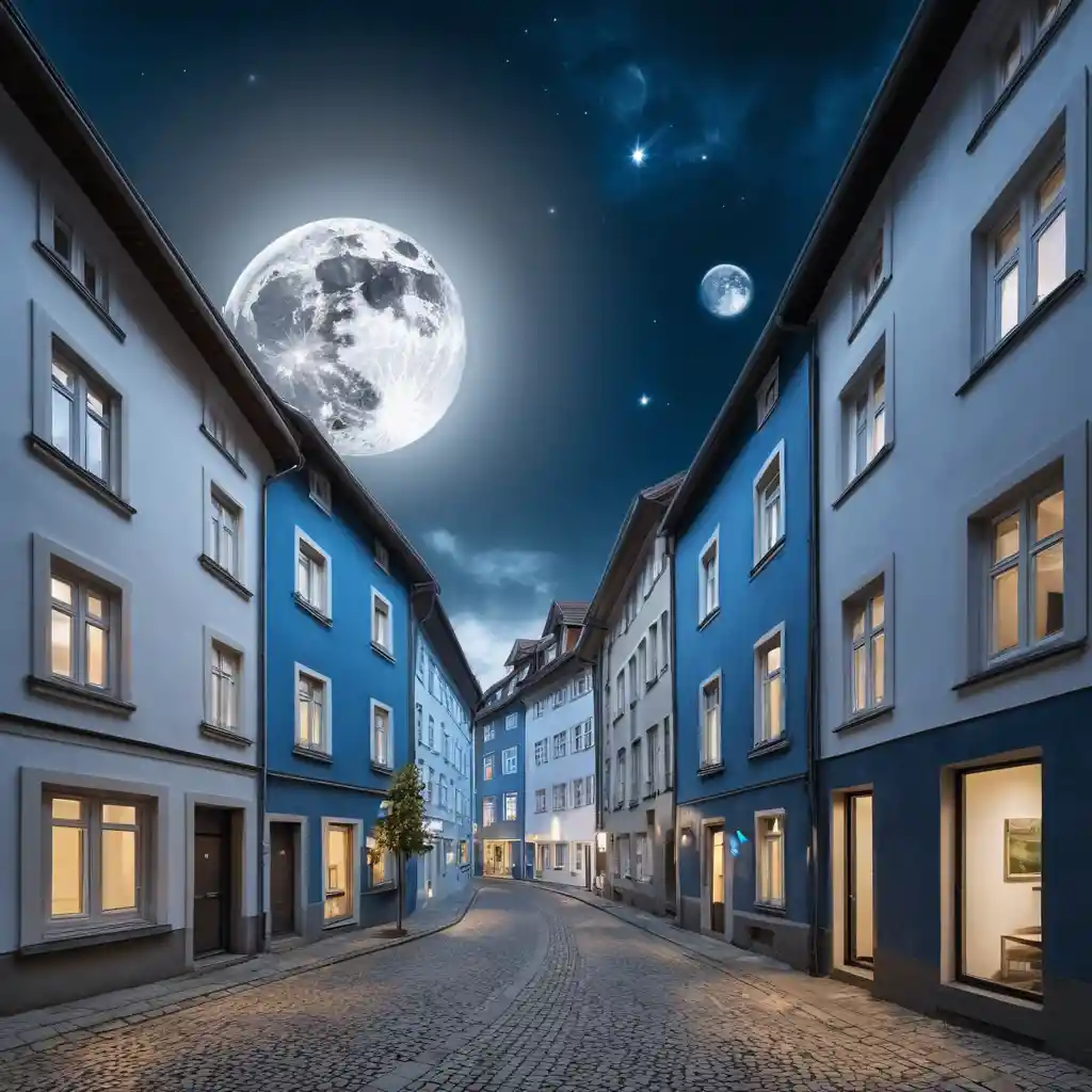 Futuristische silberne Häuser mit blauen Bäumen und breiter Straße