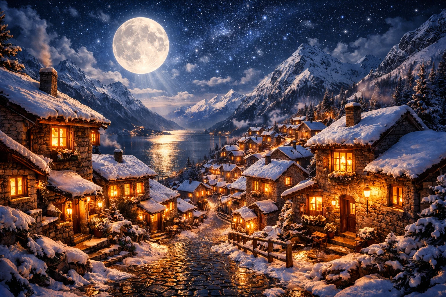 Village de montagne chaleureux illuminé par une brillante pleine lune