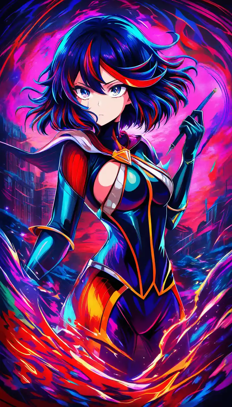 Anime heroine facing a looming beast in ruins