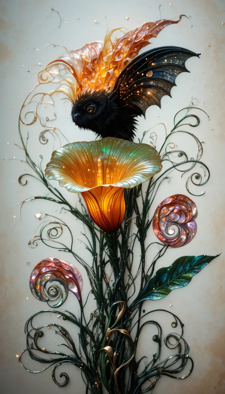 Rainbow calla lilies with a fluffy black bat in side view