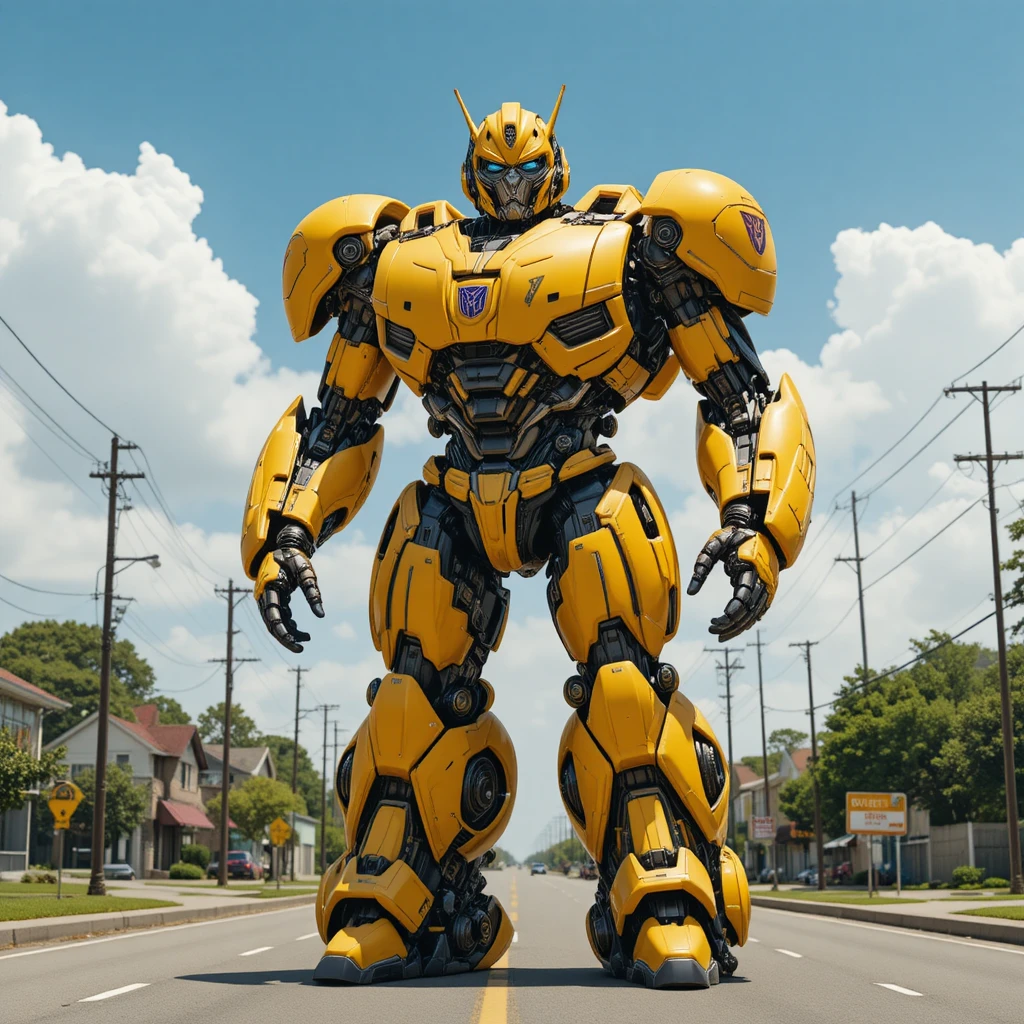 Géant robot jaune debout dans une rue de la ville en plein soleil
