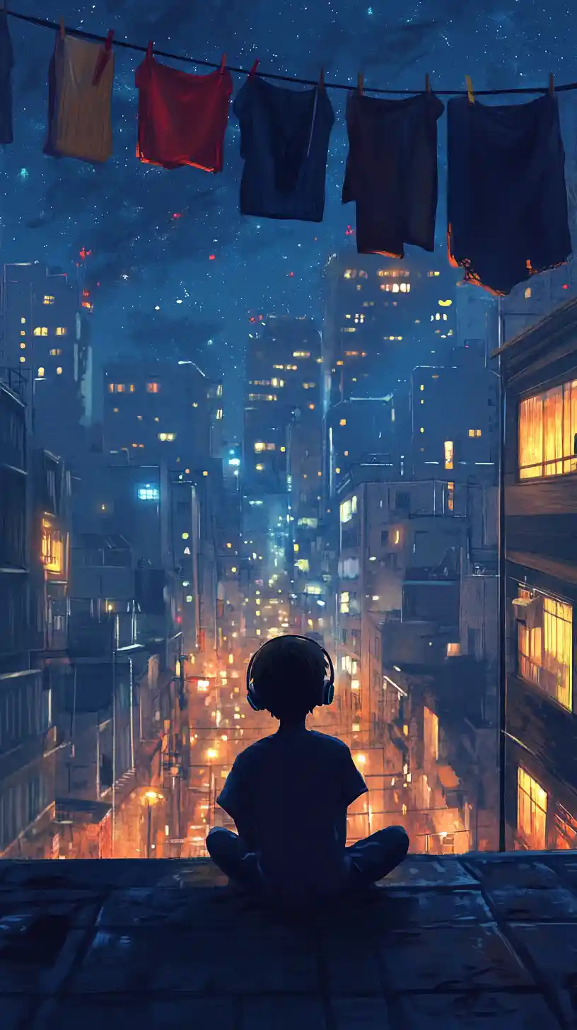 Ragazzo su un tetto tranquillo di notte sopra le luci della città