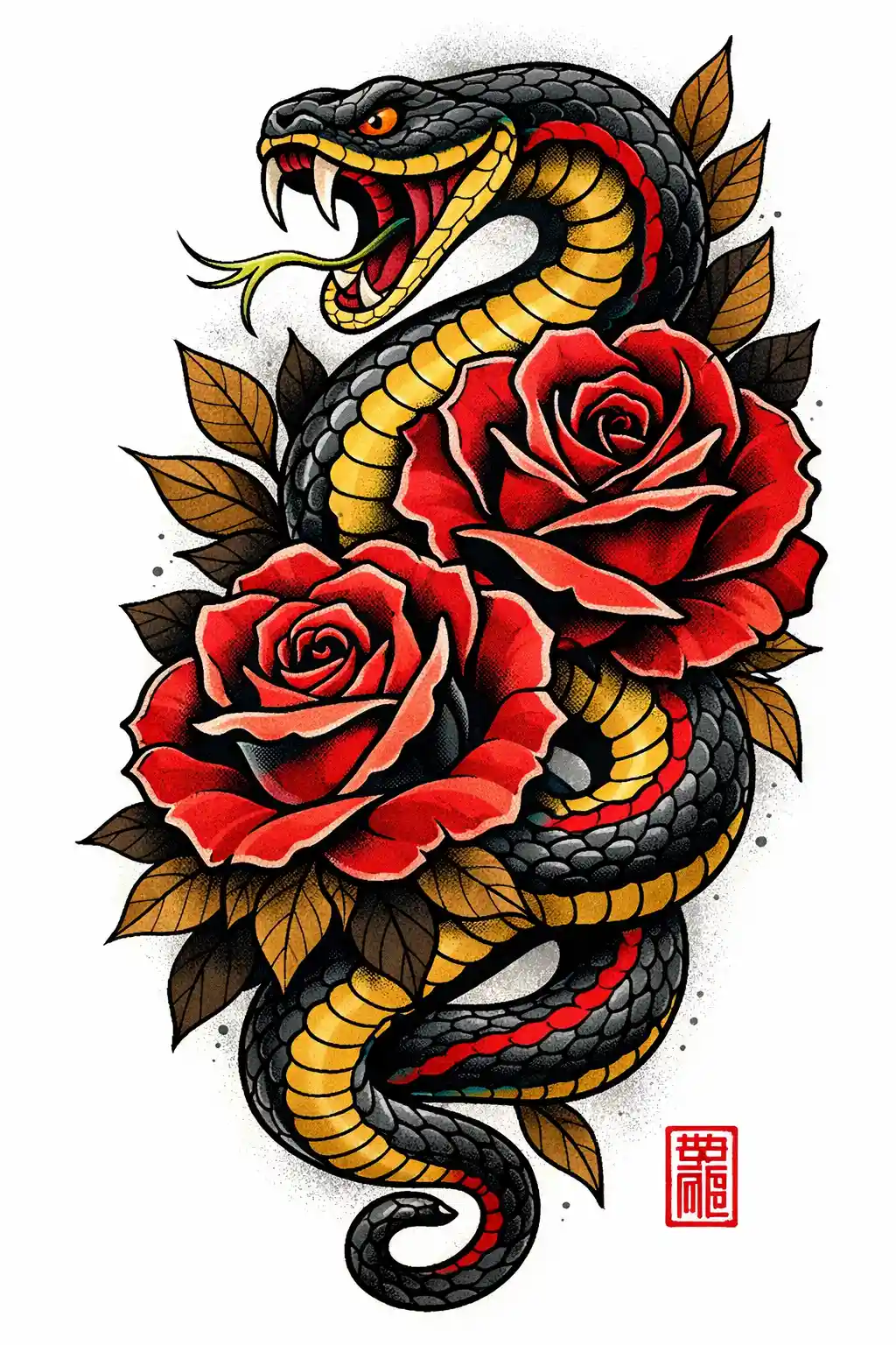 Gewundene Schlange und rote Rosen – Tattoo-Illustration