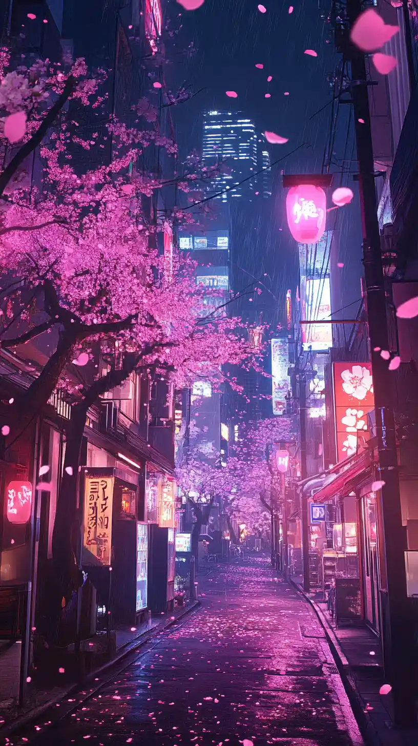 Tokyo night street with neon lights and cherry blossoms