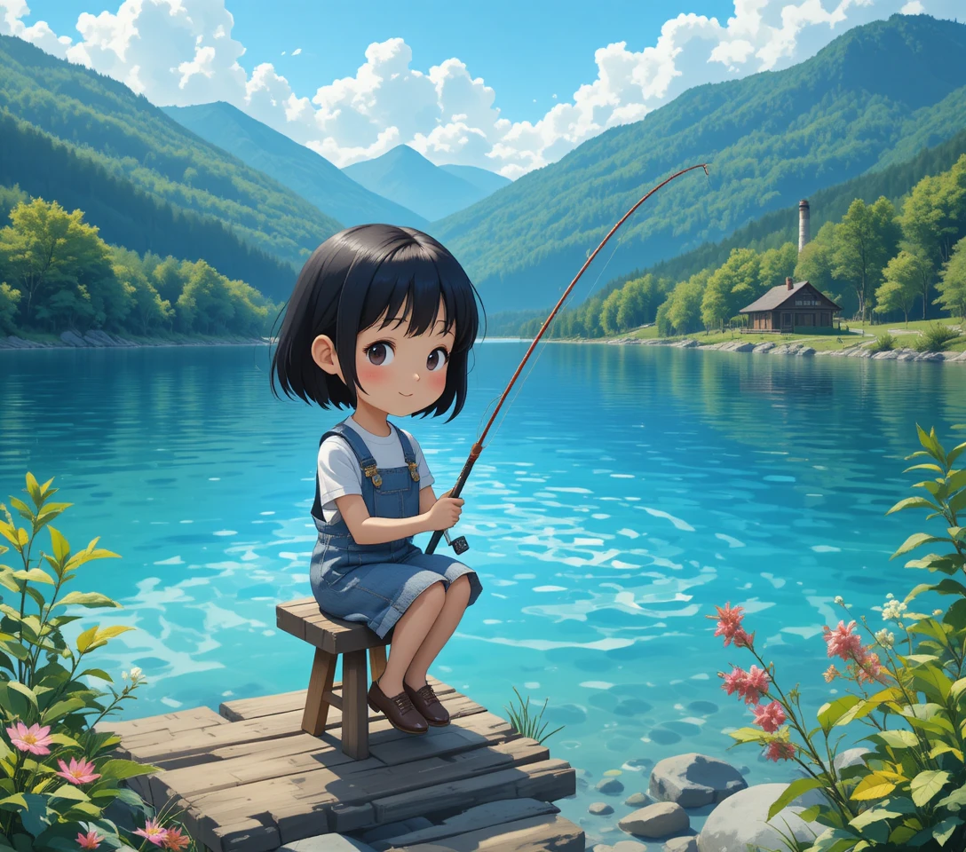 Anime girl fishing on a peaceful mountain lake pier
