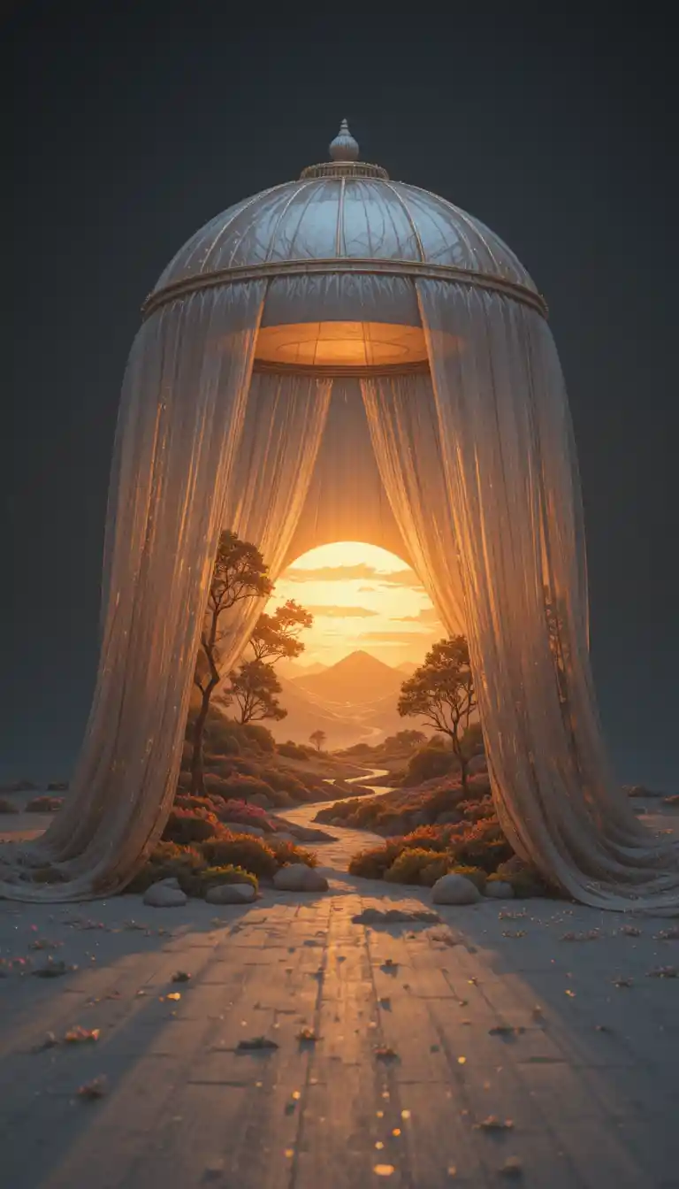 Diorama di alba dorata sotto un vasto baldacchino trasparente