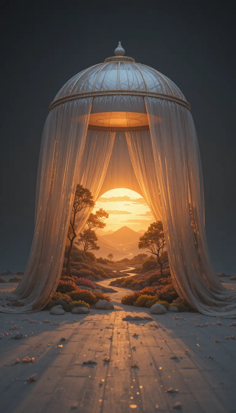 Goldene Sonnenaufgangs-Diorama unter einem weiten transparenten Baldachin