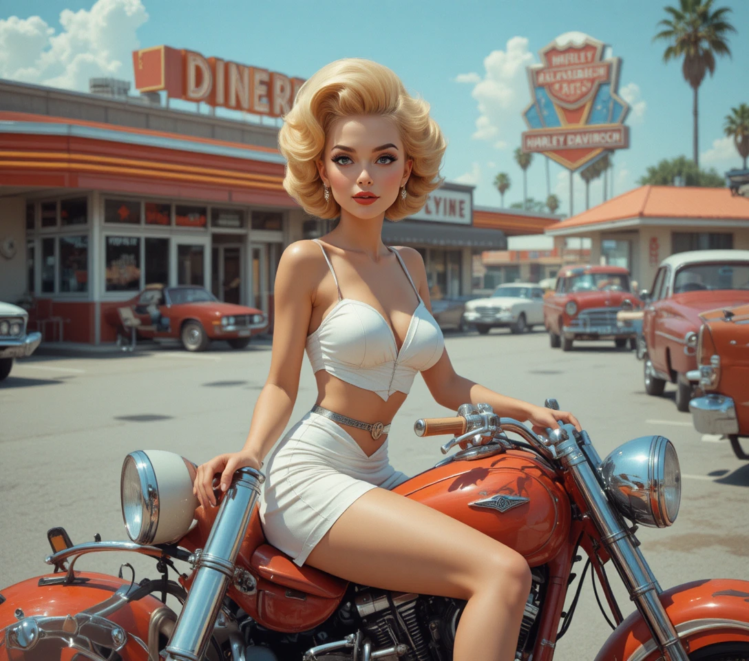 Mujer pin-up juguetona en moto futurista en un diner