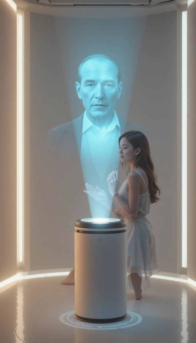 Junge Frau mit Smartwatch-Hologramm in futuristischem Raum