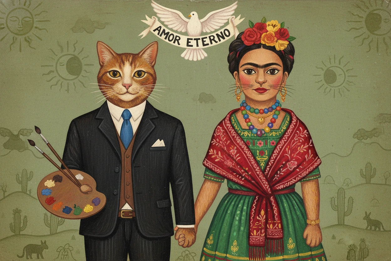 Retrato folk romântico de dois gatos de patas dadas