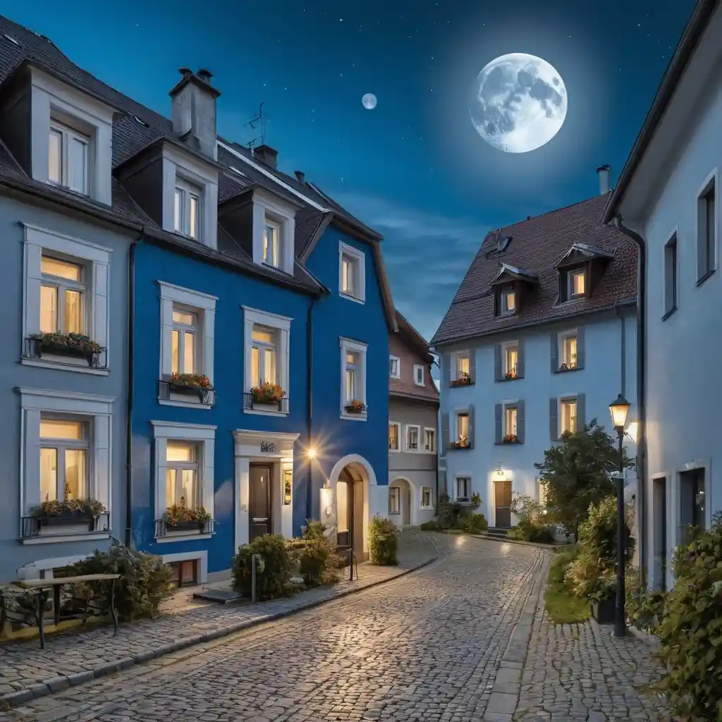 Futuristische silberne Häuser und Bäume an einer breiten, farbenfrohen Straße