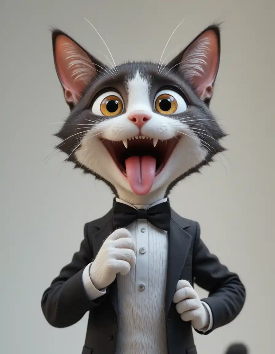 Divertente gatto tuxedo in primo piano con faccia da errore di sistema