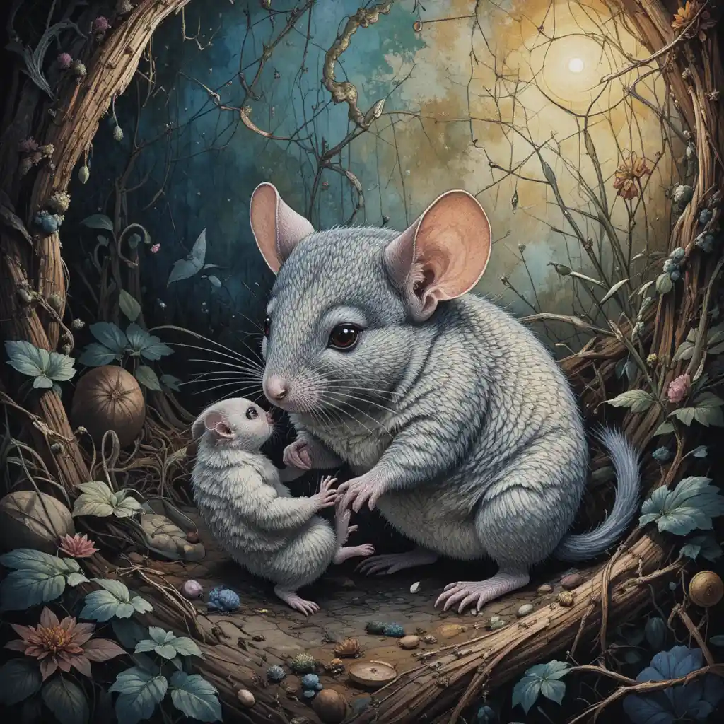 Baby chinchilla playing beside its mother in nature